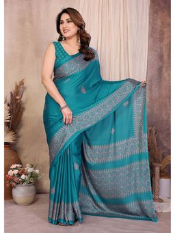 FABMORA - Teal Women Printed Chiffon Georgette Daily Wear Saree with Unstitched Blouse