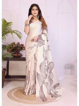 FABMORA - Ivory Women Printed Satin Bollywood Saree with Unstitched Blouse