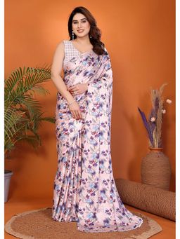 FABMORA - Pink Women Printed Satin Daily Wear Saree with Unstitched Blouse