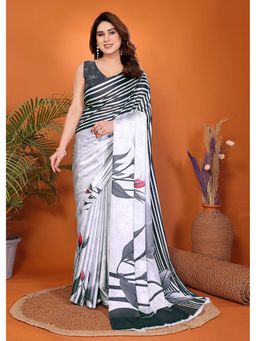 FABMORA - White Women Printed Satin Daily Wear Saree with Unstitched Blouse