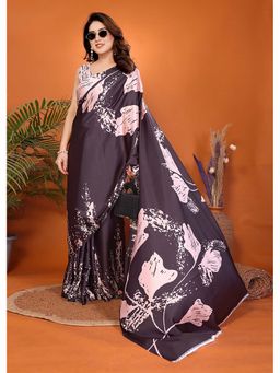 FABMORA - Wine Women Printed Satin Daily Wear Saree with Unstitched Blouse