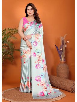 FABMORA - Green Women Printed Satin Daily Wear Saree with Unstitched Blouse