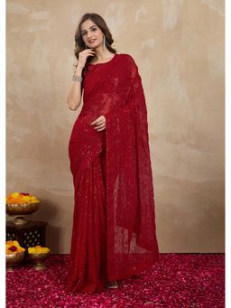 Trendmalls - Women's Red Rangoli Silk Heavy Embroidered Saree with Unstitched Blouse
