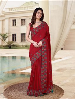 Trendmalls - Women's Red Rangoli Silk Heavy Embroidered Saree with Unstitched Blouse