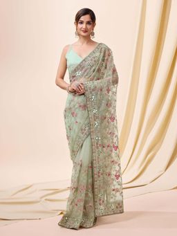 Trendmalls - Women's Pista Green Rangoli Silk Heavy Embroidered Saree with Unstitched Blouse
