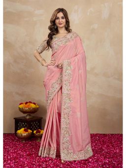 Trendmalls - Women's Peach Rangoli Silk Heavy Embroidered Saree with Unstitched Blouse