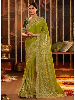 Trendmalls - Women's Green Rangoli Silk Heavy Embroidered Saree with Unstitched Blouse