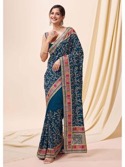 Trendmalls - Teal Women's Morpeach Rangoli Silk Heavy Embroidered Saree with Unstitched Blouse