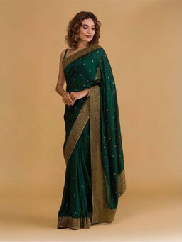Trendmalls - Women's Dark Green Rangoli Silk Heavy Embroidered Saree with Unstitched Blouse