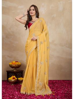 Trendmalls - Women's Yellow Rangoli Silk Heavy Embroidered Saree with Unstitched Blouse