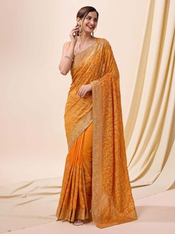 Trendmalls - Women's Orange Rangoli Silk Heavy Embroidered Saree with Unstitched Blouse