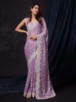 Trendmalls - Women's Lavender Rangoli Silk Heavy Embroidered Saree with Unstitched Blouse
