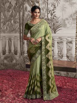 Trendmalls - Women's Light Green Rangoli Silk Heavy Embroidered Saree with Unstitched Blouse