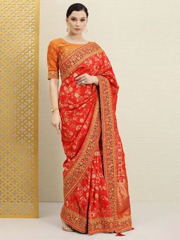 Trendmalls - Women's Red Rangoli Silk Heavy Woven Embroidered Saree with Unstitched Blouse