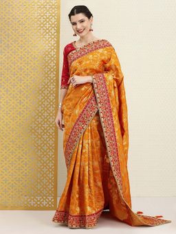 Trendmalls - Women's Orange Rangoli Silk Heavy Woven Embroidered Saree with Unstitched Blouse