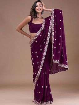Trendmalls - Women's Wine Rangoli Silk Heavy Embroidered Saree with Unstitched Blouse