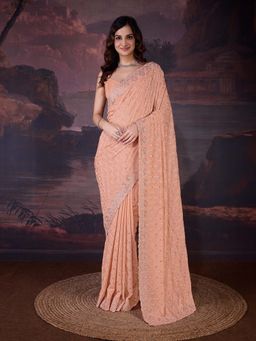 Trendmalls - Women's Peach Rangoli Silk Heavy Embroidered Saree with Unstitched Blouse