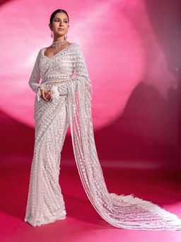 Trendmalls - Off White Women's White Rangoli Silk Heavy Embroidered Saree with Unstitched Blouse