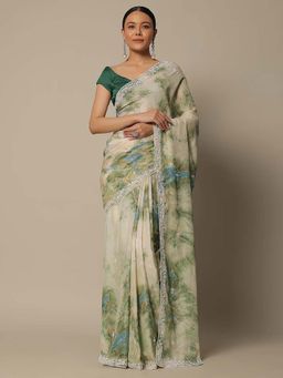 Trendmalls - Women's Beige Rangoli Silk Heavy Embroidered Saree with Unstitched Blouse