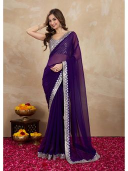 Trendmalls - Women's Purple Rangoli Silk Heavy Embroidered Saree with Unstitched Blouse