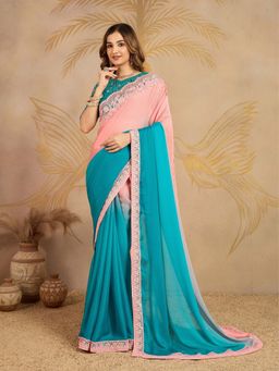 Trendmalls - Women's Turquoise-Lightpink Rangoli Silk Heavy Embroidered Saree with Unstitched Blouse