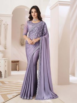 Trendmalls - Women's Purple Rangoli Silk Heavy Embroidered Saree with Unstitched Blouse