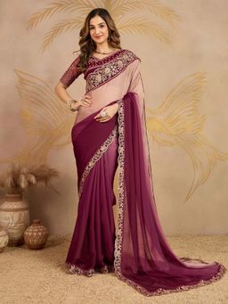 Trendmalls - Women's Wine Peach Rangoli Silk Heavy Embroidered Saree with Unstitched Blouse