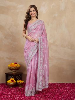 Trendmalls - Women's Pink Net Heavy Embroidered Saree with Unstitched Blouse