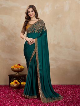 Trendmalls - Women's Green Satin Heavy Embroidered Saree with Unstitched Blouse