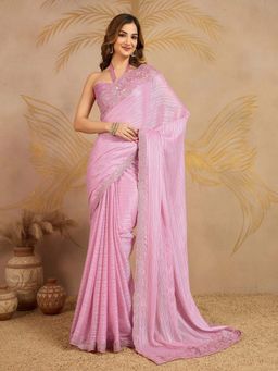 Trendmalls - Women's Light Pink Rangoli Silk Heavy Embroidered Saree with Unstitched Blouse