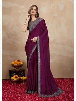 Trendmalls - Women's Wine Rangoli Silk Heavy Embroidered Saree with Unstitched Blouse