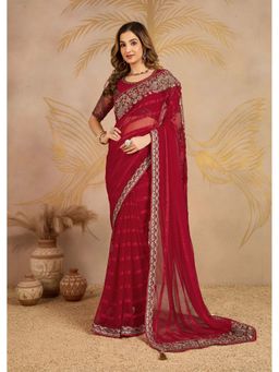 Trendmalls - Women's Red Rangoli Silk Heavy Embroidered Saree with Unstitched Blouse