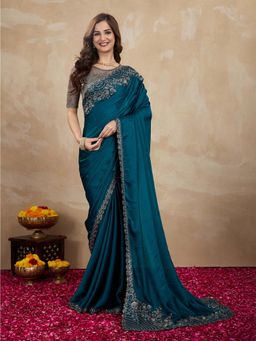Trendmalls - Women's Teal Blue Rangoli Silk Heavy Embroidered Saree with Unstitched Blouse