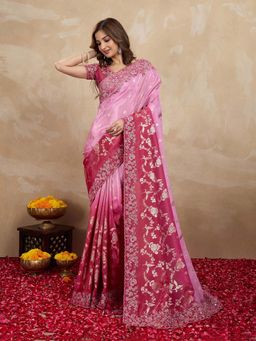 Trendmalls - Women's Pink Rangoli Silk Heavy Embroidered Saree with Unstitched Blouse