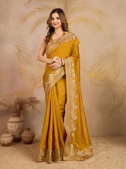 Trendmalls - Women's Mustard Rangoli Silk Heavy Embroidered Saree with Unstitched Blouse