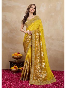 Trendmalls - Women's Yellow Rangoli Silk Heavy Embroidered Saree with Unstitched Blouse