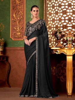 Trendmalls - Women's Black Rangoli Silk Heavy Embroidered Saree with Unstitched Blouse