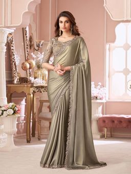 Trendmalls - Women's Olive Rangoli Silk Heavy Embroidered Saree with Unstitched Blouse