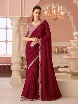 Trendmalls - Women's Red Tussar Silk Heavy Embroidered Saree with Unstitched Blouse