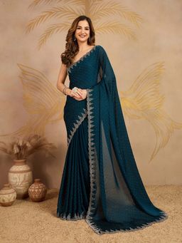 Trendmalls - Women's Teal Blue Rangoli Silk Heavy Embroidered Saree with Unstitched Blouse