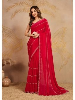 Trendmalls - Women's Red Rangoli Silk Heavy Embroidered Saree with Unstitched Blouse