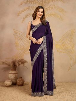 Trendmalls - Women's Purple Rangoli Silk Heavy Embroidered Saree with Unstitched Blouse