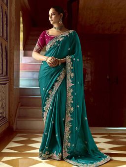 Trendmalls - Women's Teal Rangoli Silk Heavy Embroidered Saree with Unstitched Blouse