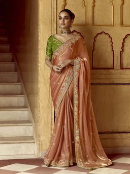 Trendmalls - Women's Orange Rangoli Silk Heavy Embroidered Saree with Unstitched Blouse