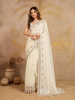 Trendmalls - Off White Women's Rangoli Silk Heavy Embroidered Saree with Unstitched Blouse