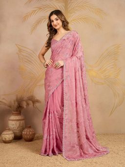 Trendmalls - Women's Light Pink Rangoli Silk Heavy Embroidered Saree with Unstitched Blouse