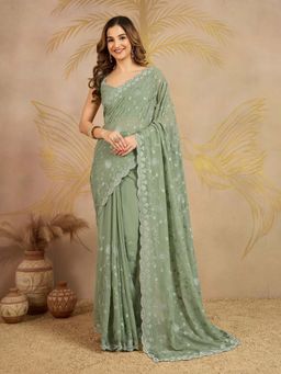 Trendmalls - Women's Light Green Rangoli Silk Heavy Embroidered Saree with Unstitched Blouse