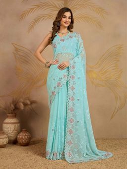 Trendmalls - Women's Turquoise Rangoli Silk Heavy Embroidered Saree with Unstitched Blouse