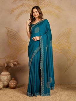 Trendmalls - Women's Teal Blue Rangoli Silk Heavy Embroidered Saree with Unstitched Blouse