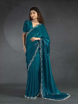 Trendmalls - Women's Teal Blue Rangoli Silk Heavy Embroidered Saree with Unstitched Blouse